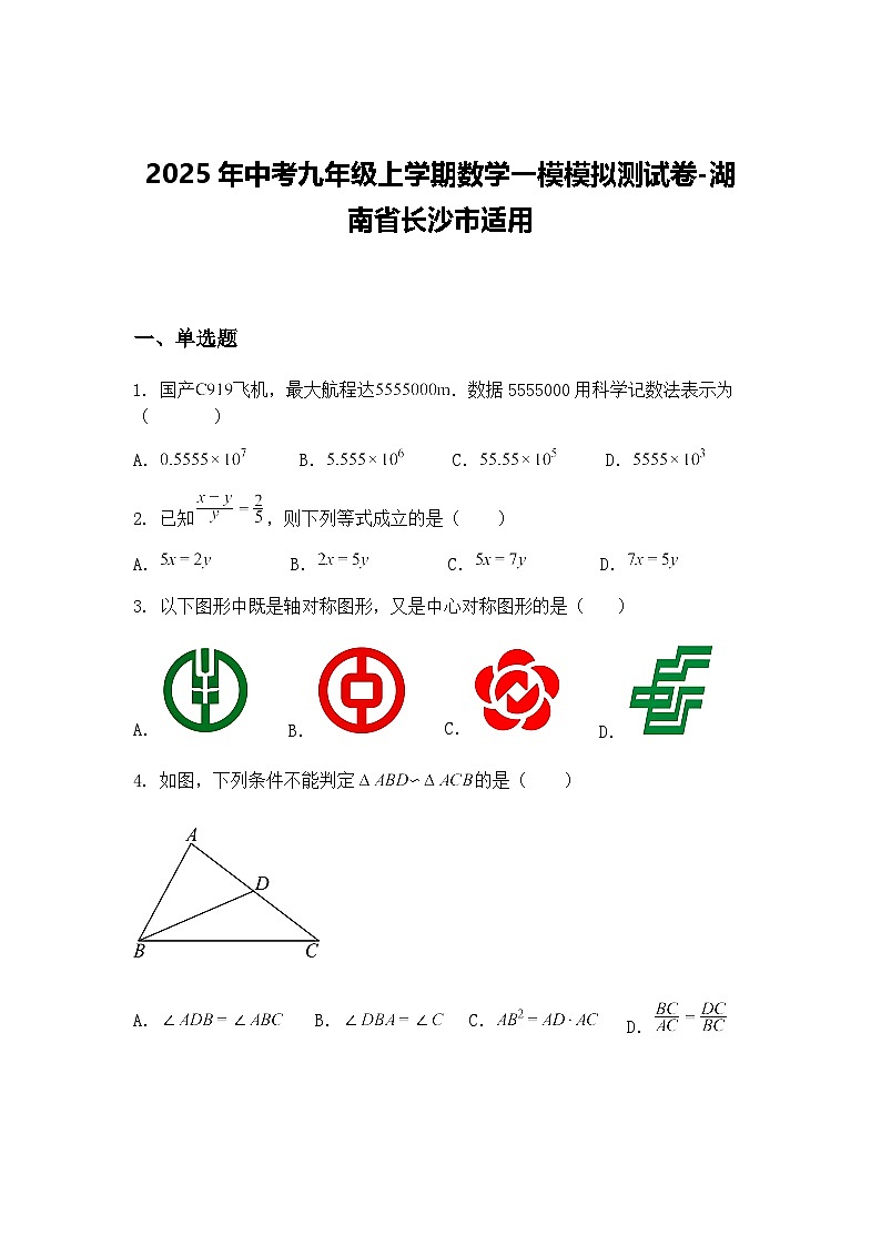 2025年中考九年级上学期数学一模模拟测试卷-湖南省长沙市适用（含答案解析）第1页