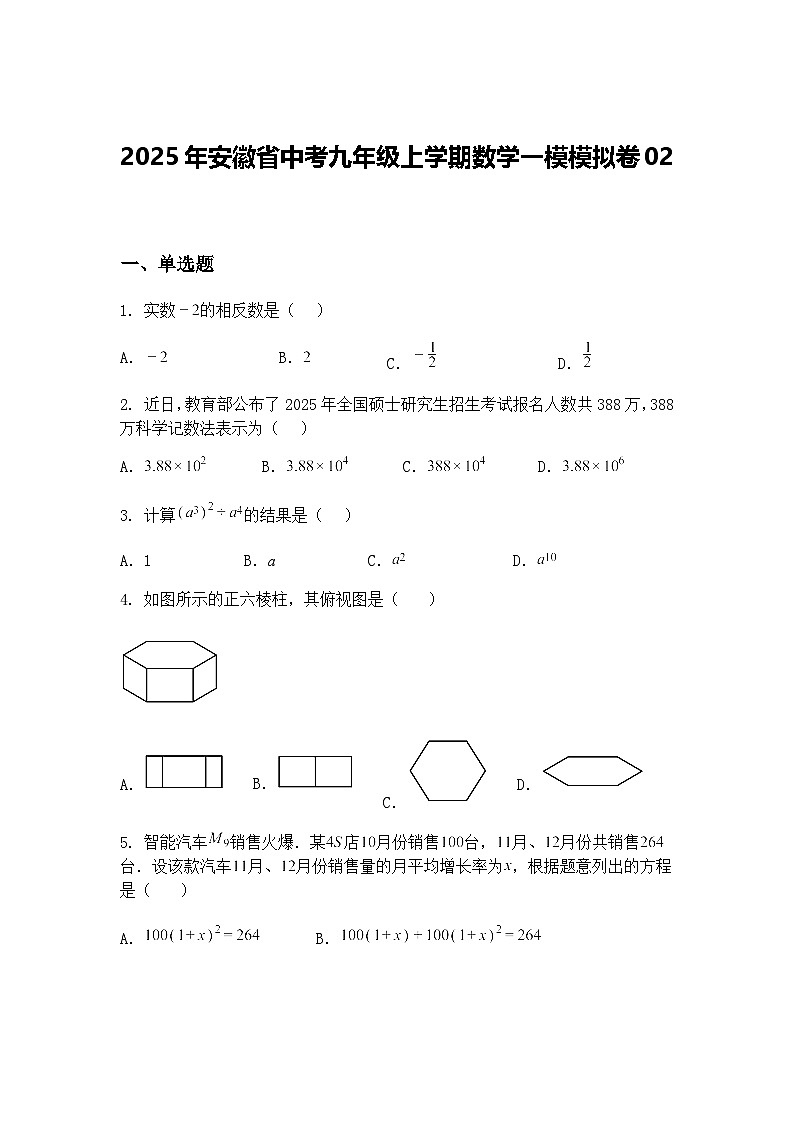 2025年安徽省中考九年级上学期数学一模模拟卷02（含答案解析）第1页