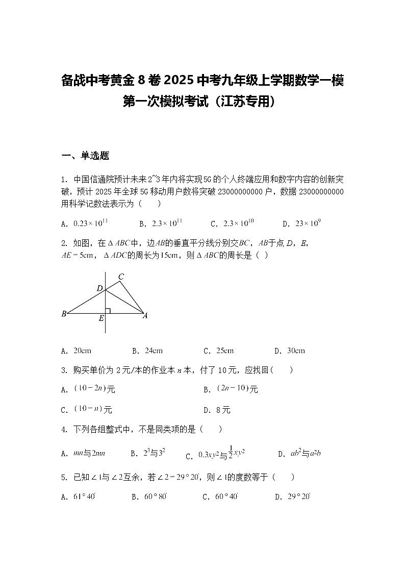 2025中考九年级上学期数学一模考试（江苏专用）（含答案解析）第1页