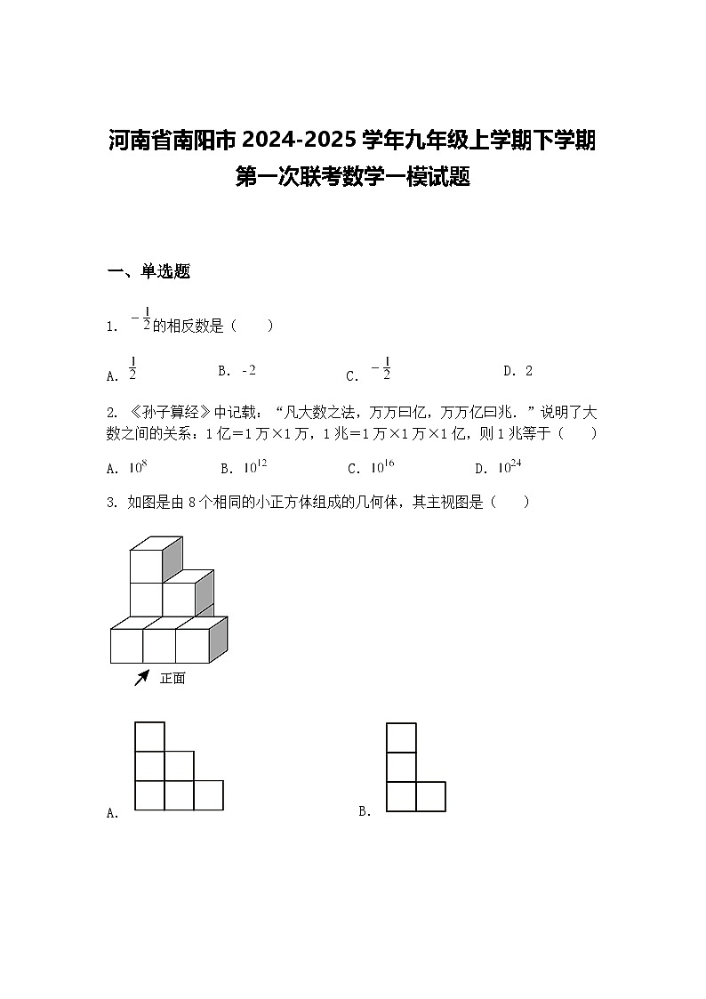 河南省南阳市2024-2025学年九年级上学期下学期第一次联考数学一模试题（含答案解析）第1页