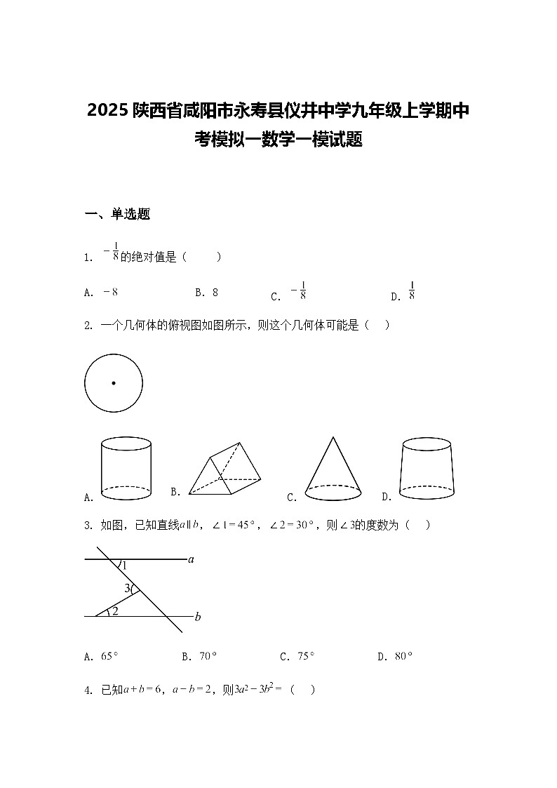2025陕西省咸阳市永寿县仪井中学九年级上学期中考模拟一数学一模试题（含答案解析）第1页