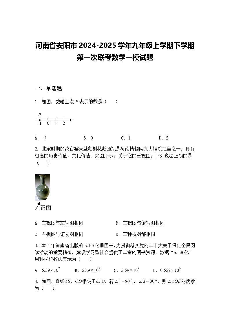河南省安阳市2024-2025学年九年级上学期下学期第一次联考数学一模试题（含答案解析）第1页