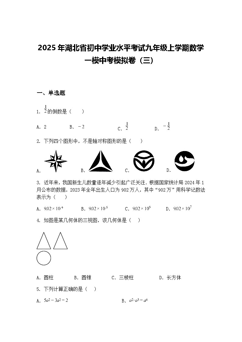 2025年湖北省初中学业水平考试九年级上学期数学一模中考模拟卷（三）（含答案解析）第1页