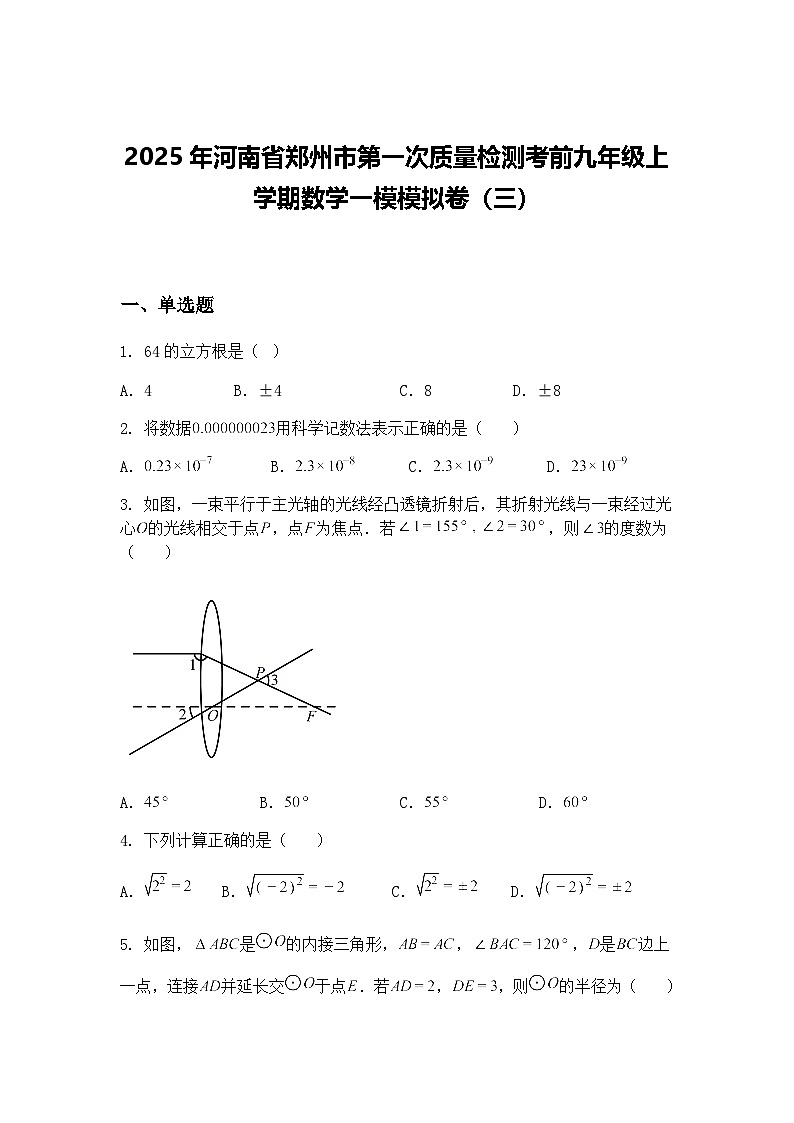 2025年河南省郑州市第一次质量检测考前九年级上学期数学一模模拟卷（三）（含答案解析）第1页