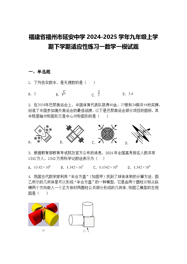 福建省福州市延安中学2024-2025学年九年级上学期下学期适应性练习一数学一模试题（含答案解析）第1页