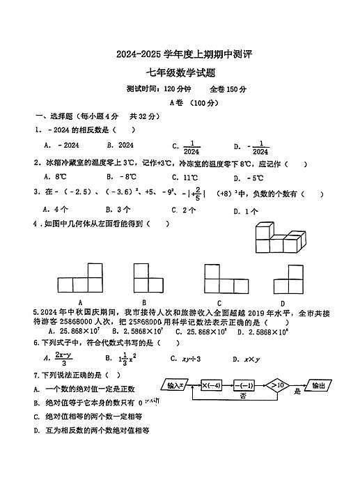 2024-2025四川成都泡桐树中学七年级上学期期中考试数学试题（无答案）第1页