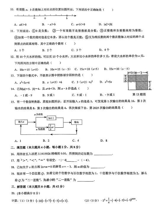 2024-2025云南昆明第八中学七年级上学期期中学情监测数学试卷（无答案）第2页