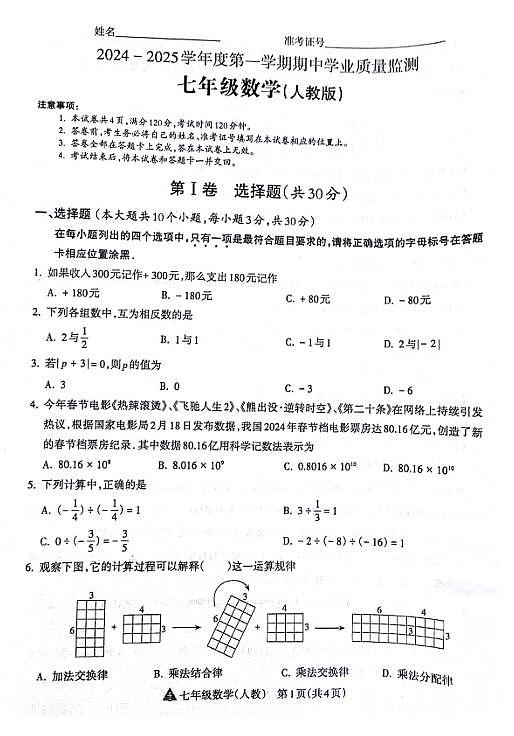 2024-2025山西吕梁市汾阳市七年级上学期11月期中数学试题（无答案）第1页