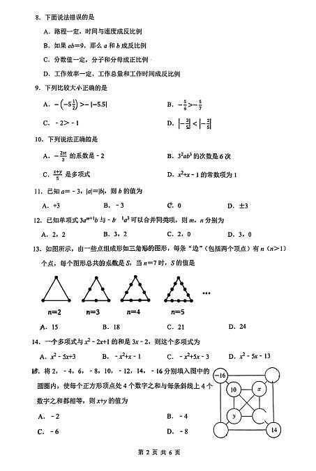 2024--2025云南昆明市七年级数学上册期中考试数学试卷（无答案）第2页