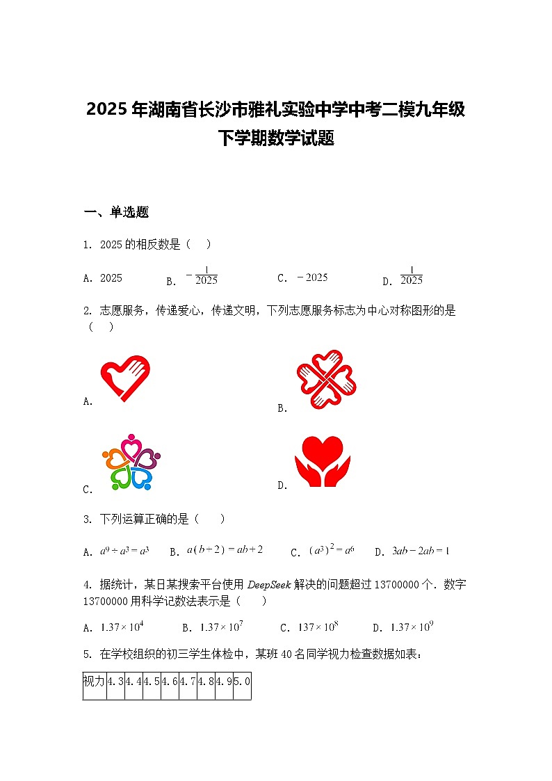 2025年湖南省长沙市雅礼实验中学中考二模九年级下学期数学试题（含答案解析）第1页