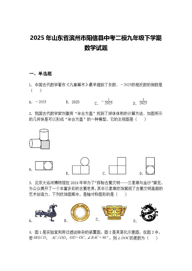 2025年山东省滨州市阳信县中考二模九年级下学期数学试题（含答案解析）第1页