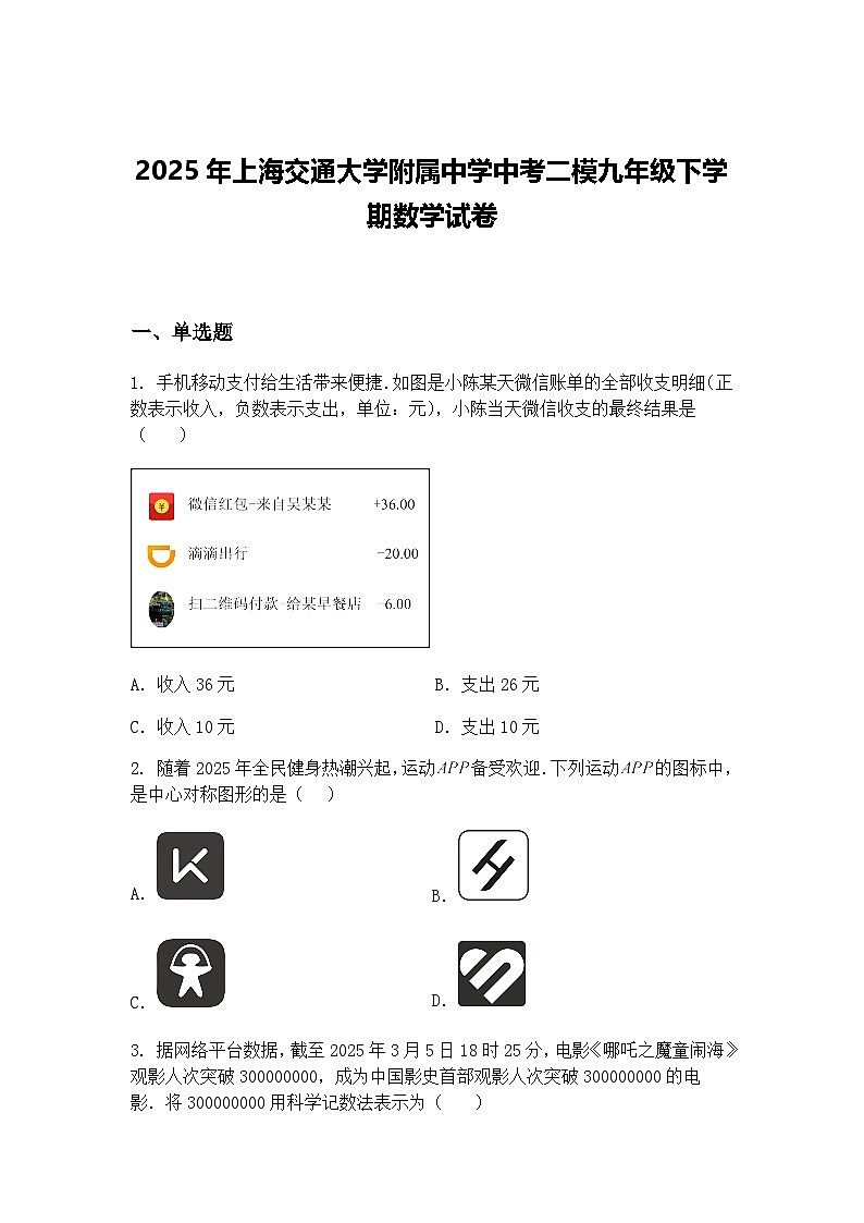 2025年上海交通大学附属中学中考二模九年级下学期数学试卷（含答案解析）第1页