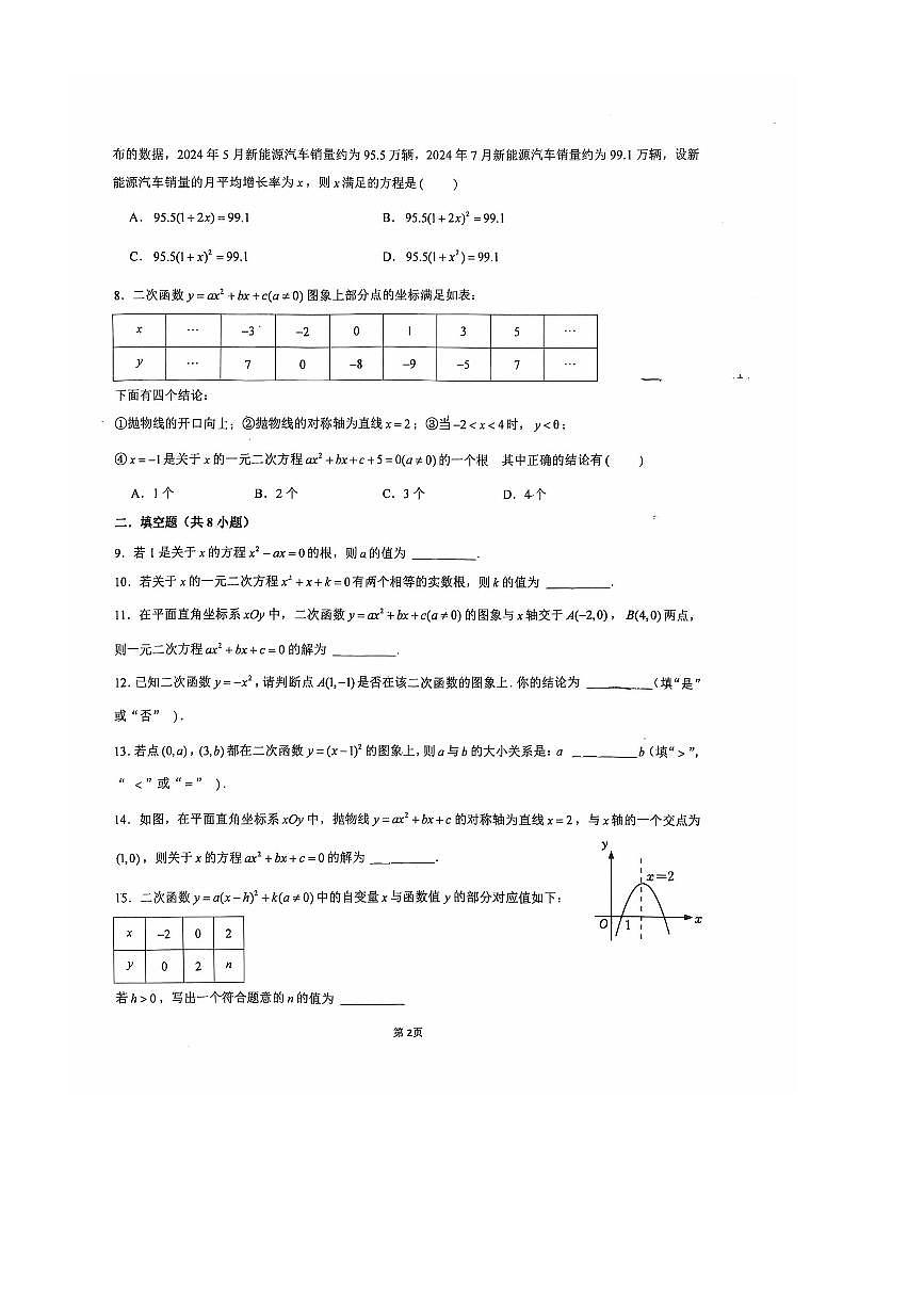北京市首师大二附2025~2026学年九年级上开学考数学试卷(无答案)第2页