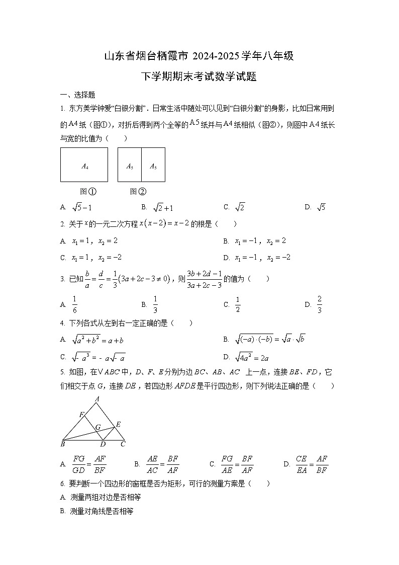 山东省烟台栖霞市2024-2025学年八年级下学期期末考试数学试卷（学生版）第1页