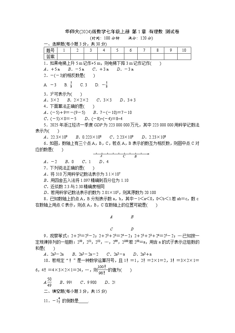 华师大(2024)版数学七年级上册 第1章 有理数 测试卷（含答案）第1页