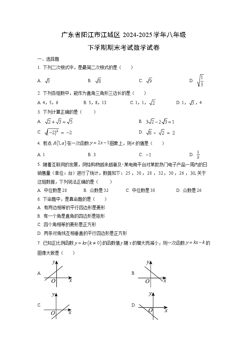 广东省阳江市江城区2024-2025学年八年级下学期期末考试数学试卷（学生版）第1页