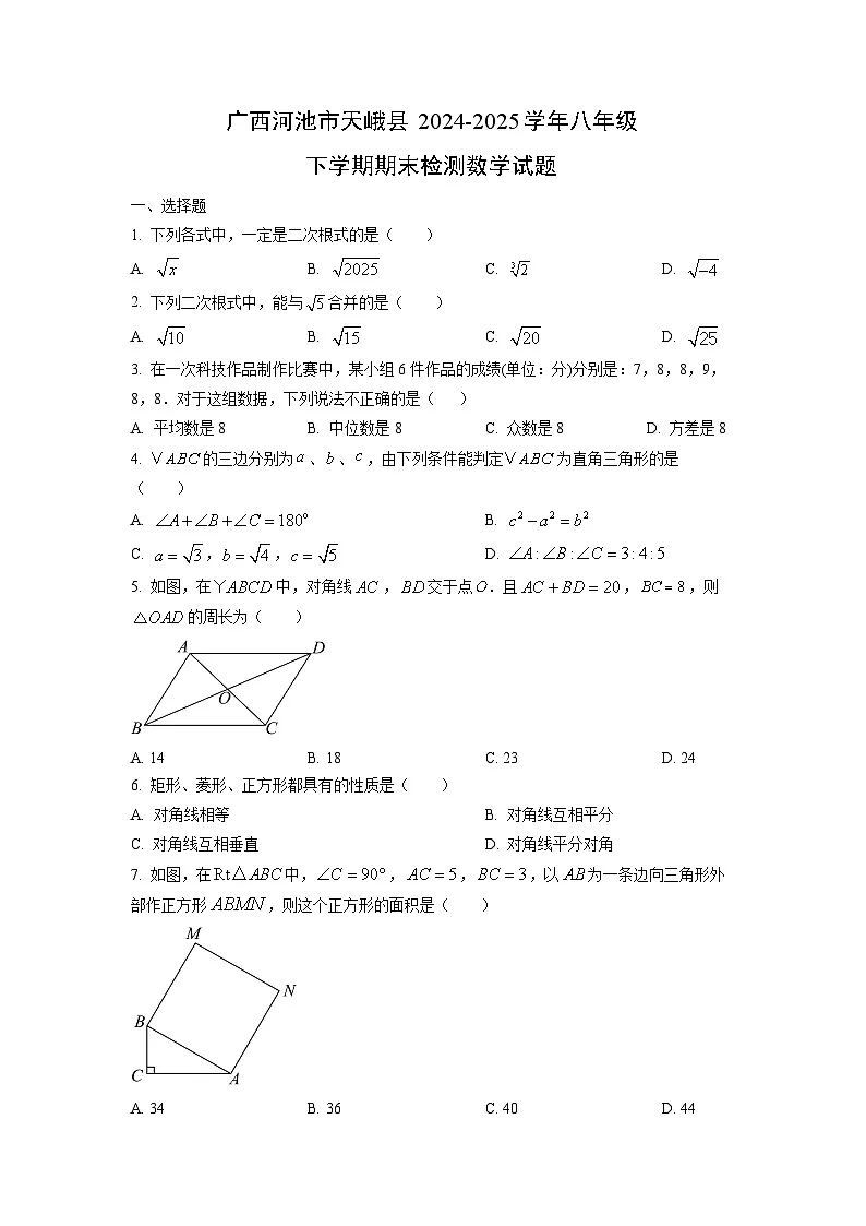 广西河池市天峨县2024-2025学年八年级下学期期末检测数学试卷（学生版）第1页