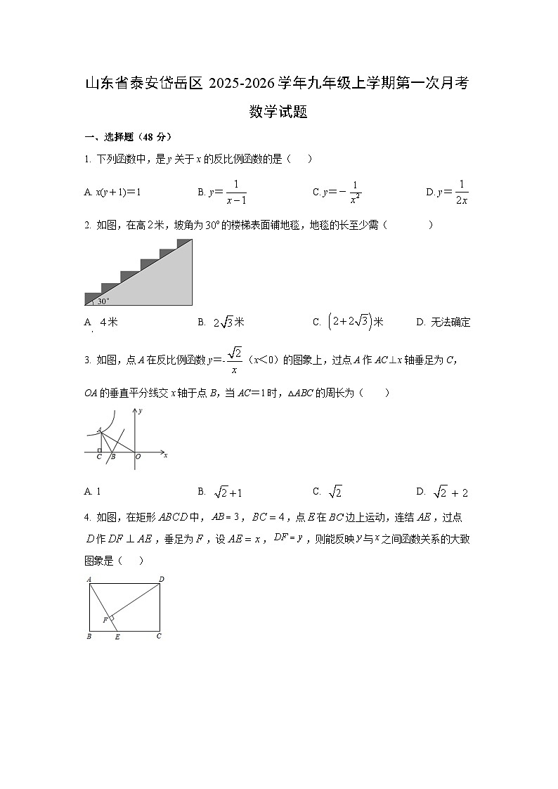 山东省泰安岱岳区2025-2026学年九年级上学期第一次月考数学试卷（学生版）第1页