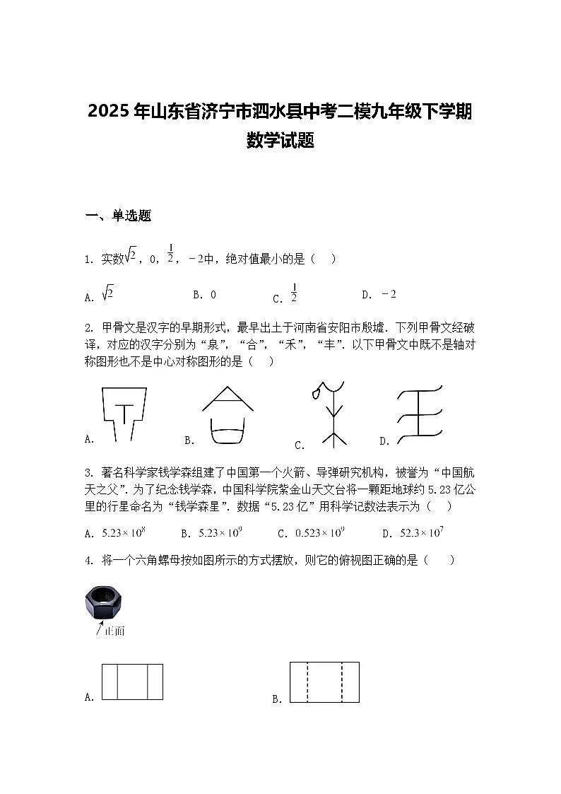 2025年山东省济宁市泗水县中考二模九年级下学期数学试题（含答案解析）第1页