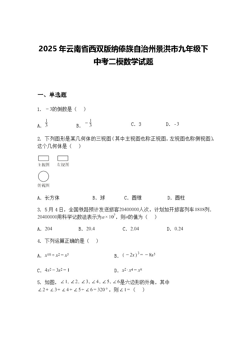 2025年云南省西双版纳傣族自治州景洪市九年级下中考二模数学试题（含答案解析）第1页