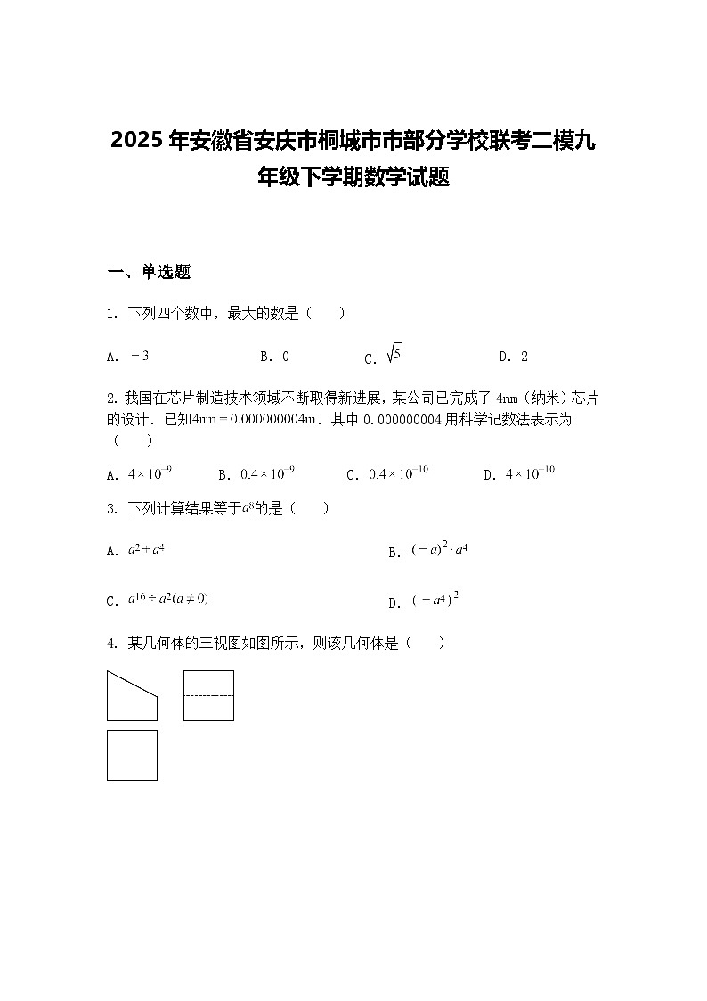 2025年安徽省安庆市桐城市市部分学校联考二模九年级下学期数学试题（含答案解析）第1页