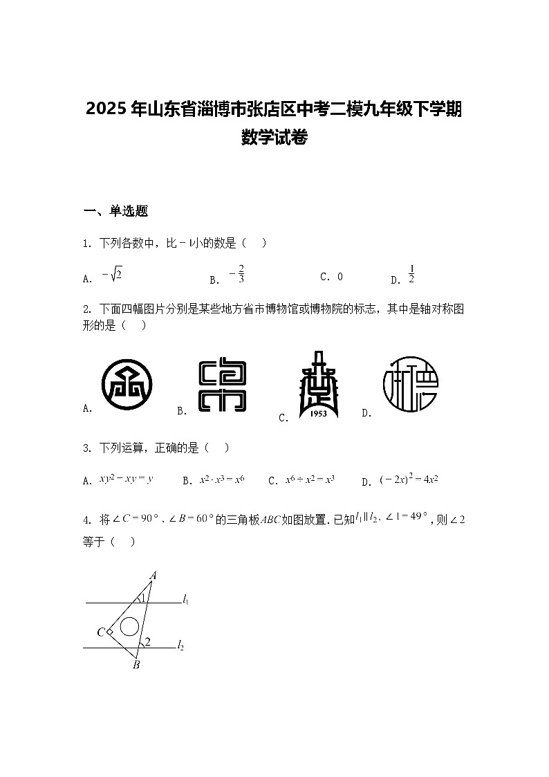 2025年山东省淄博市张店区中考二模九年级下学期数学试卷（含答案解析）第1页