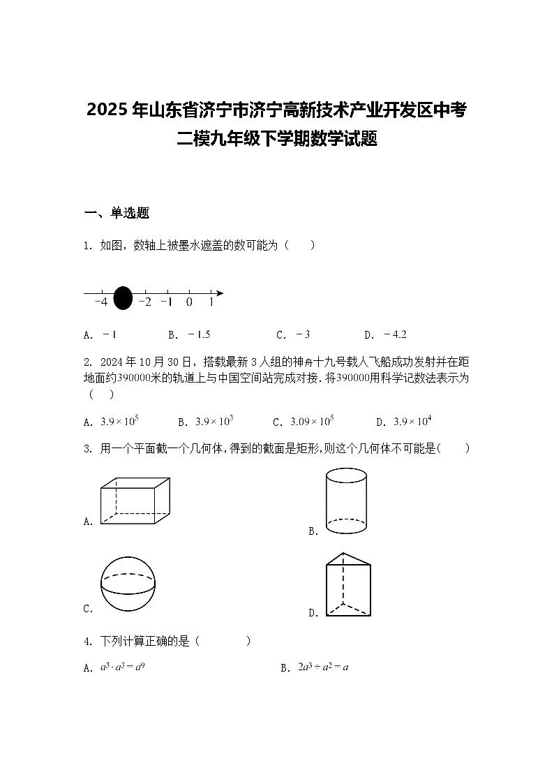 2025年山东省济宁市济宁高新技术产业开发区中考二模九年级下学期数学试题（含答案解析）第1页