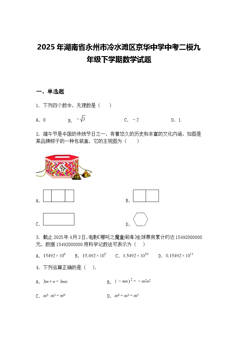 2025年湖南省永州市冷水滩区京华中学中考二模九年级下学期数学试题（含答案解析）第1页