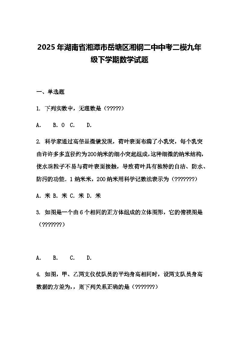 2025年湖南省湘潭市岳塘区湘钢二中中考二模九年级下学期数学试题（含答案解析）第1页