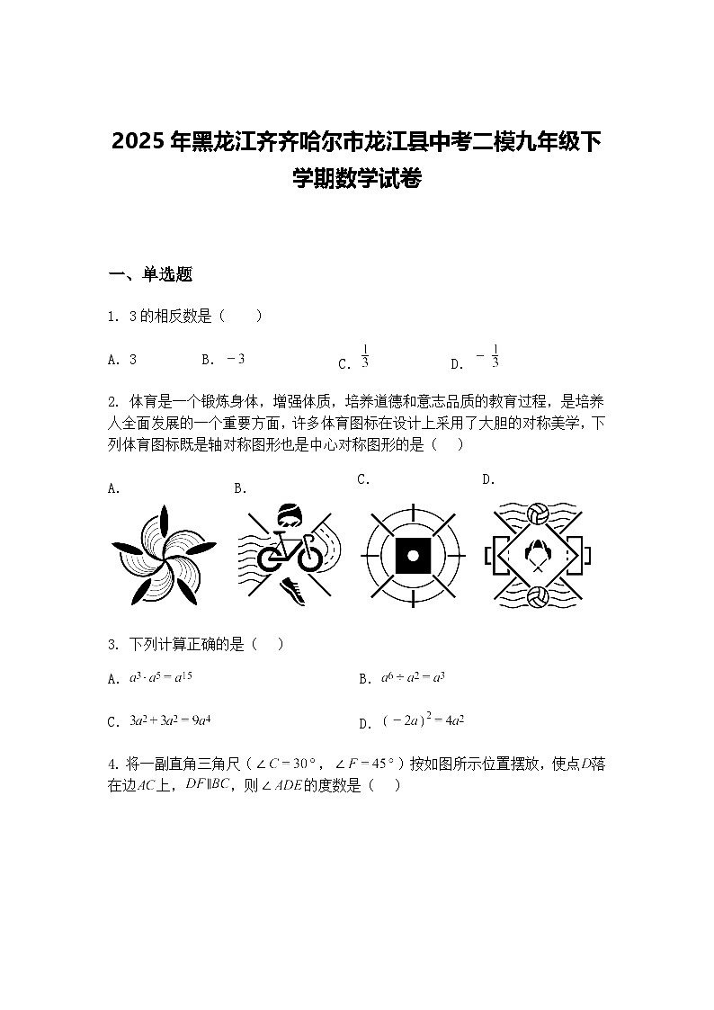 2025年黑龙江齐齐哈尔市龙江县中考二模九年级下学期数学试卷（含答案解析）第1页