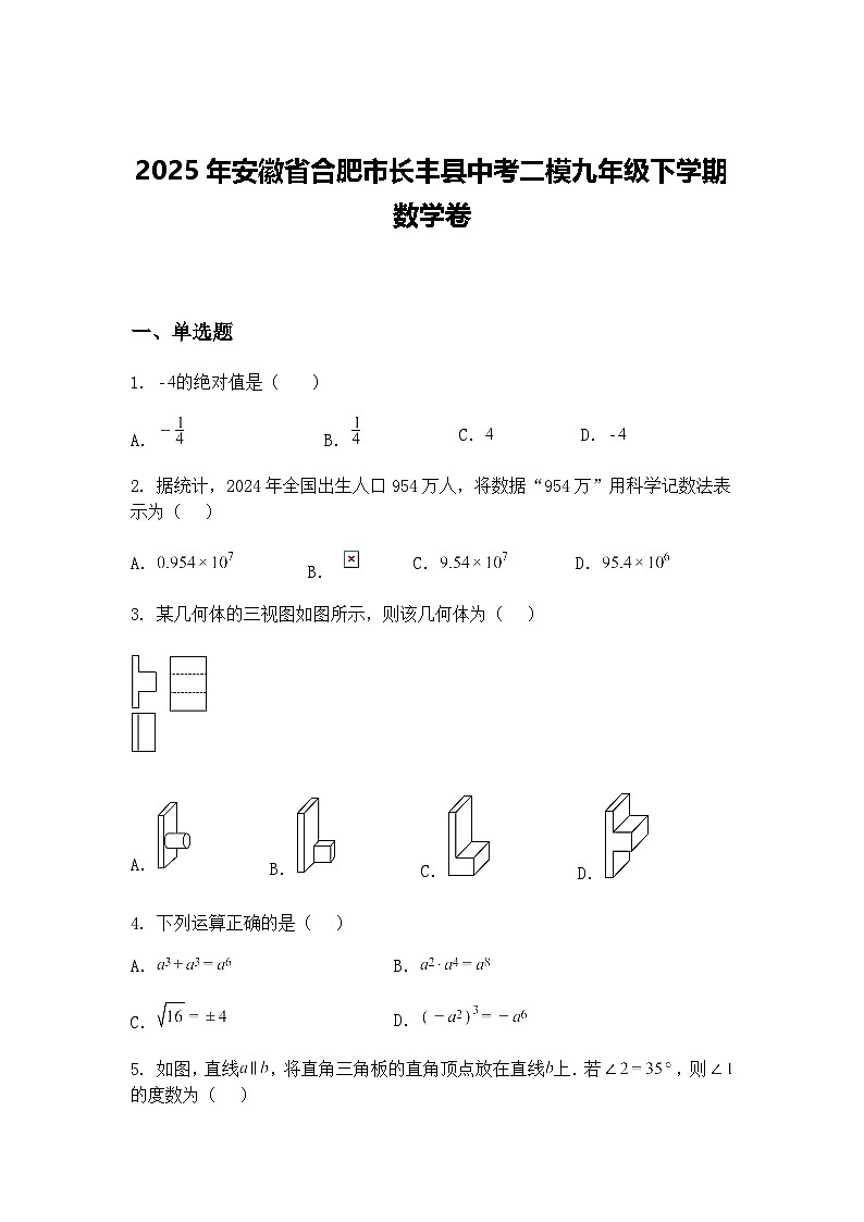 2025年安徽省合肥市长丰县中考二模九年级下学期数学卷（含答案解析）第1页