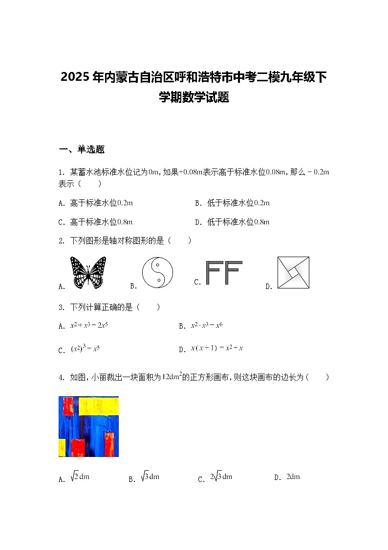 2025年内蒙古自治区呼和浩特市中考二模九年级下学期数学试题（含答案解析）第1页