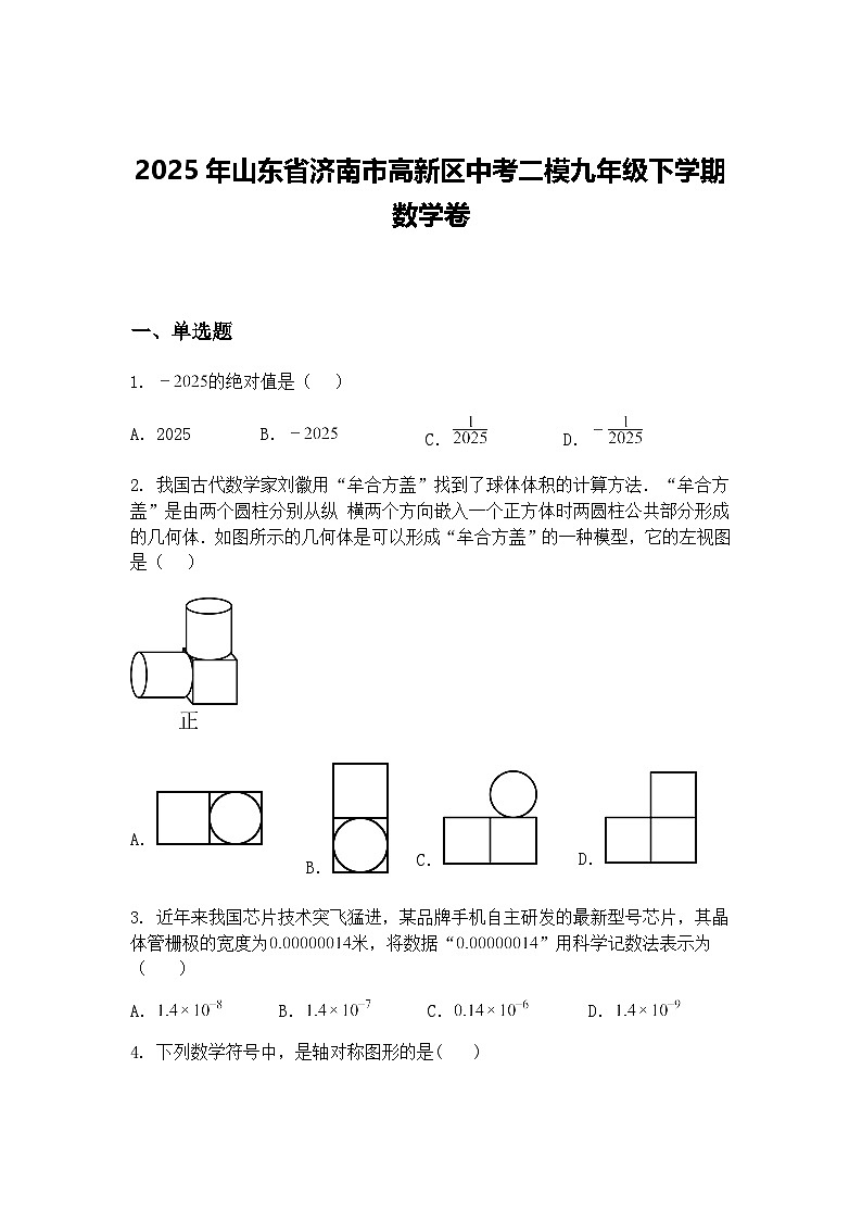 2025年山东省济南市高新区中考二模九年级下学期数学卷（含答案解析）第1页