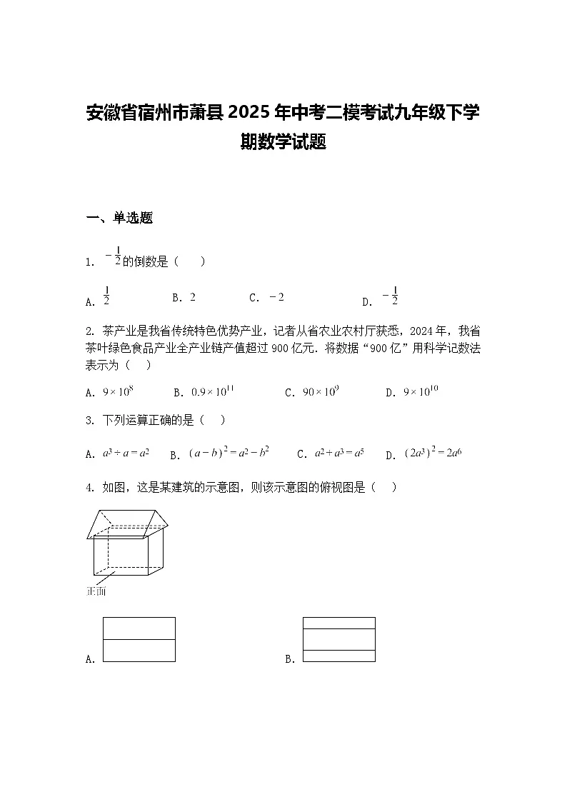 安徽省宿州市萧县2025年中考二模考试九年级下学期数学试题（含答案解析）第1页