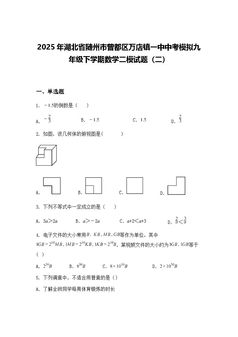2025年湖北省随州市曾都区万店镇一中中考模拟九年级下学期数学二模试题（二）（含答案解析）第1页