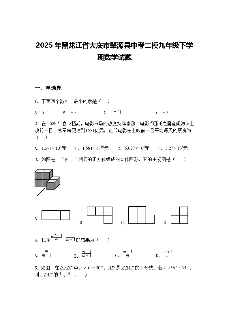 2025年黑龙江省大庆市肇源县中考二模九年级下学期数学试题（含答案解析）第1页