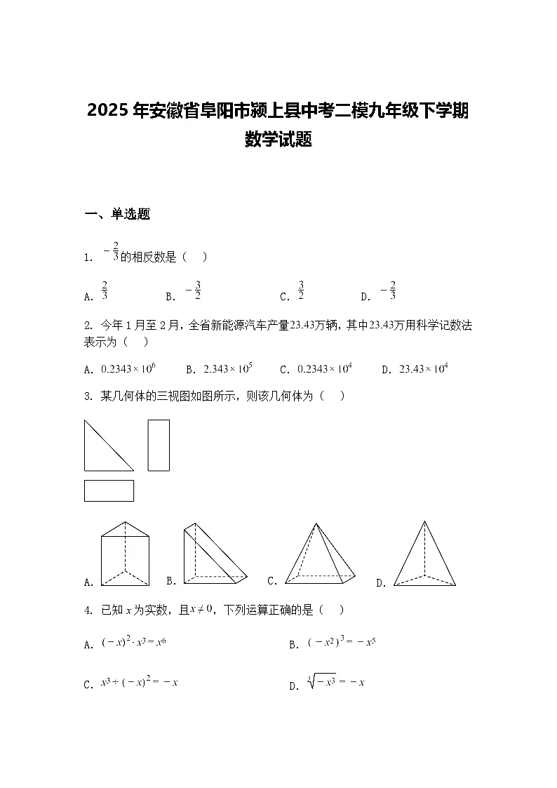 2025年安徽省阜阳市颍上县中考二模九年级下学期数学试题（含答案解析）第1页