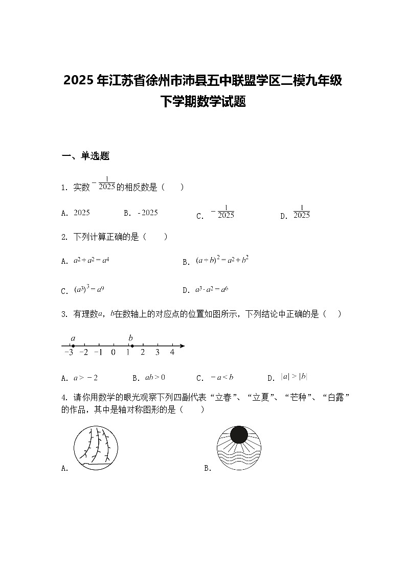 2025年江苏省徐州市沛县五中联盟学区二模九年级下学期数学试题（含答案解析）第1页