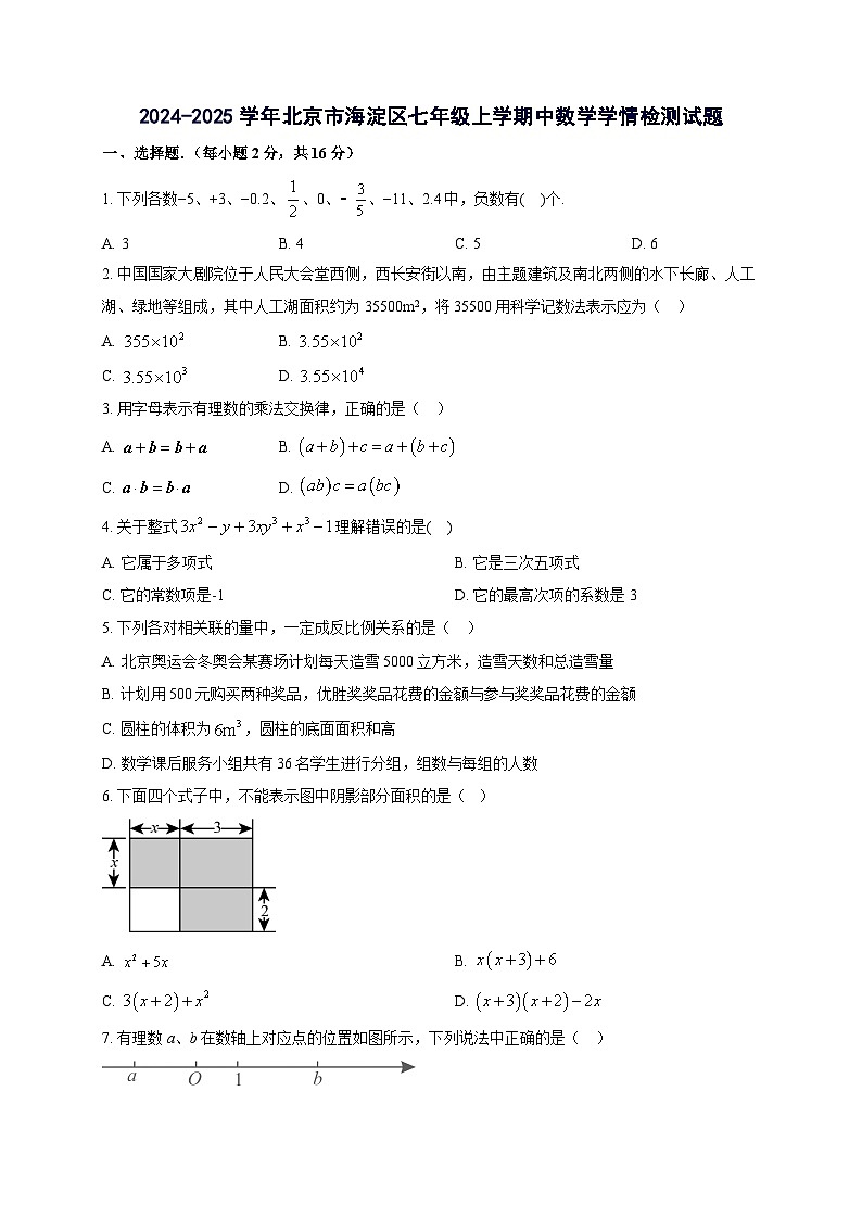 2024^2025学年北京市海淀区七年级上学期中数学学情试卷（附答案）第1页