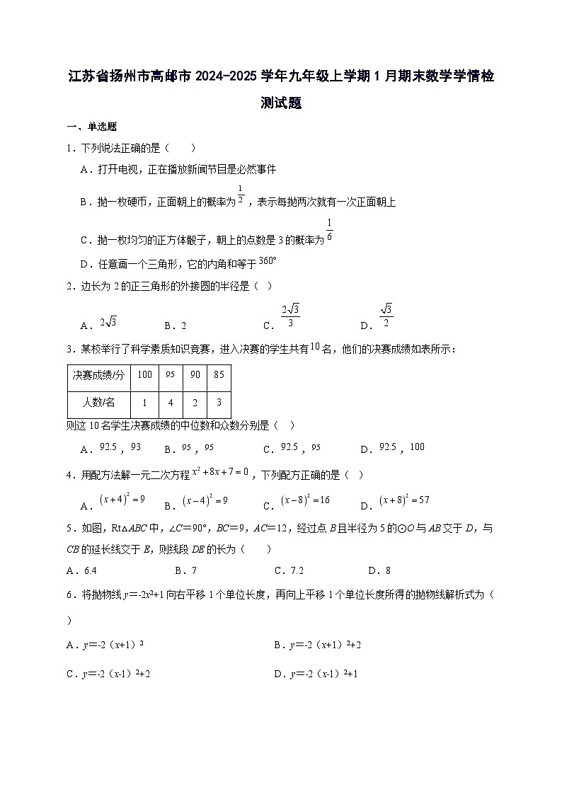 江苏省扬州市高邮市2024^2025学年九年级上学期1月期末数学学情试卷（附答案）第1页