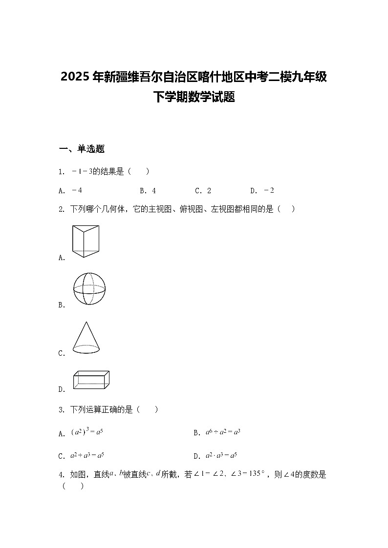 2025年新疆维吾尔自治区喀什地区中考二模九年级下学期数学试题（含答案解析）第1页