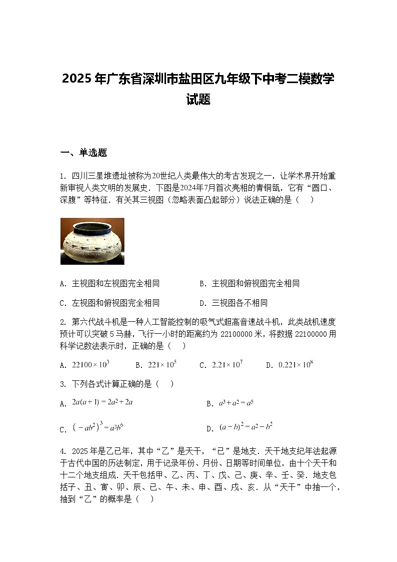 2025年广东省深圳市盐田区九年级下中考二模数学试题（含答案解析）第1页