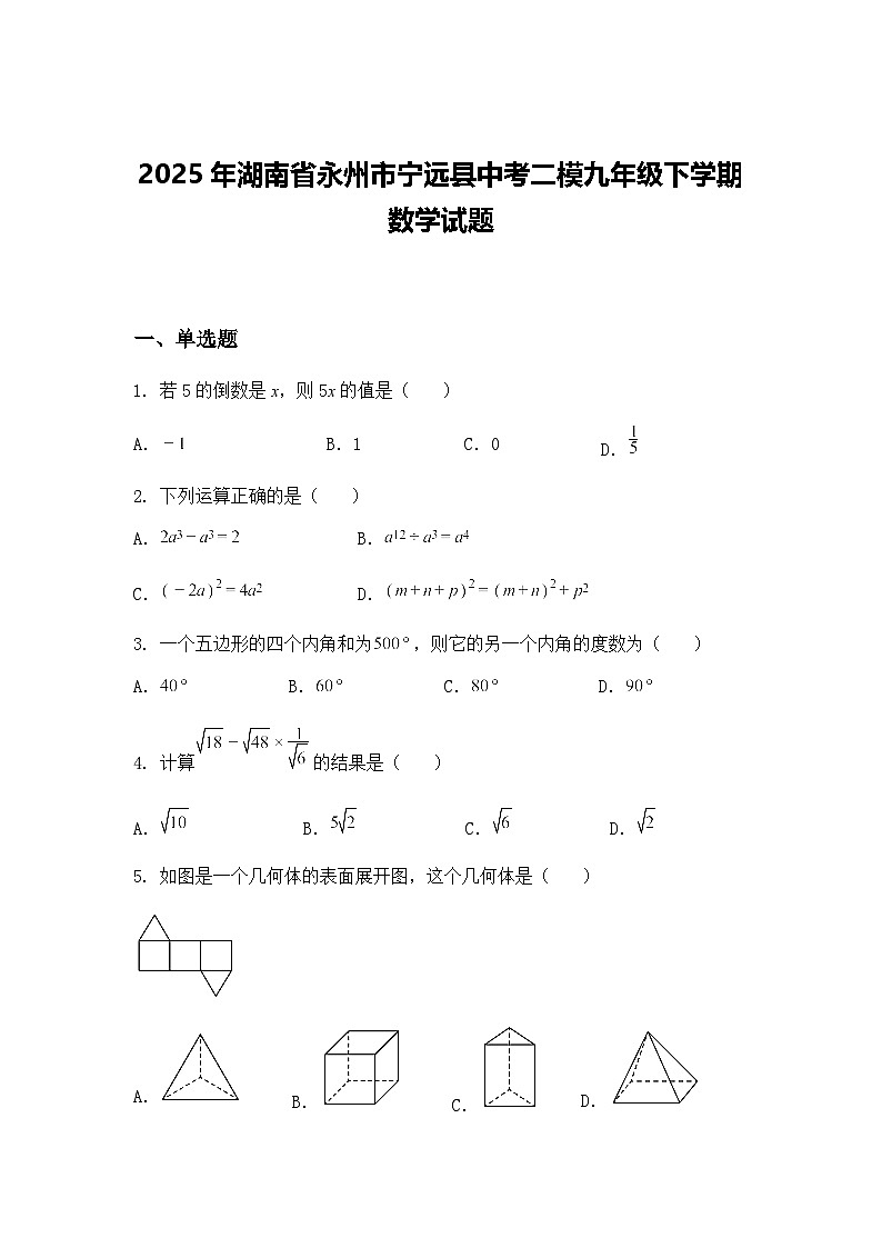 2025年湖南省永州市宁远县中考二模九年级下学期数学试题（含答案解析）第1页