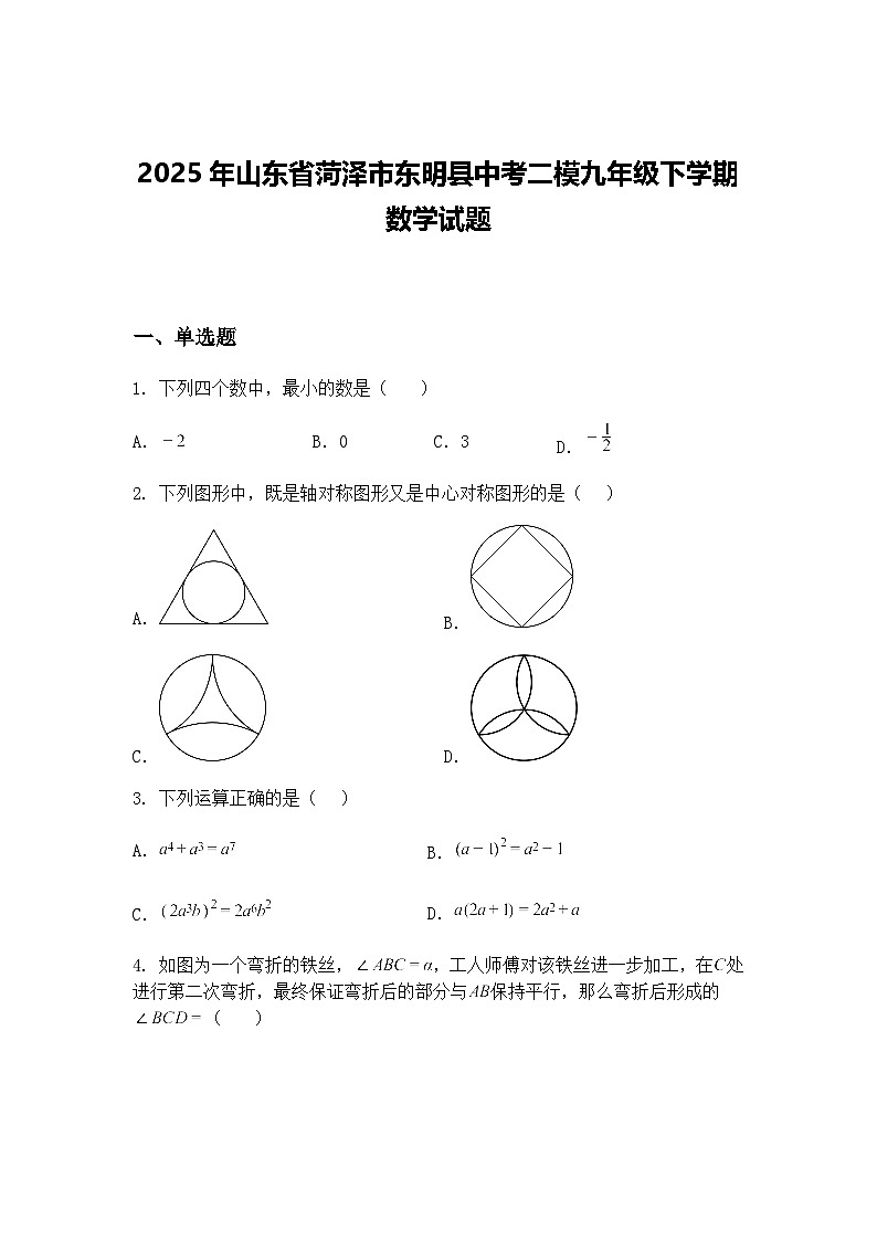 2025年山东省菏泽市东明县中考二模九年级下学期数学试题（含答案解析）第1页