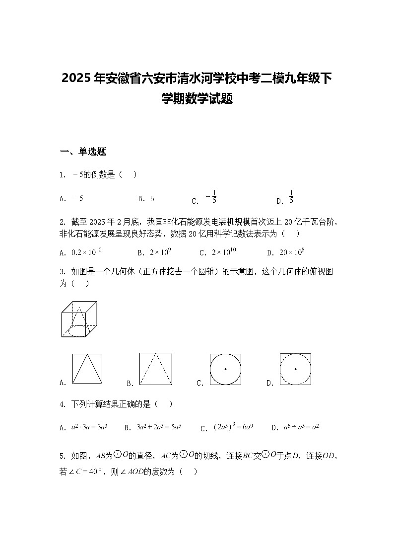 2025年安徽省六安市清水河学校中考二模九年级下学期数学试题（含答案解析）第1页