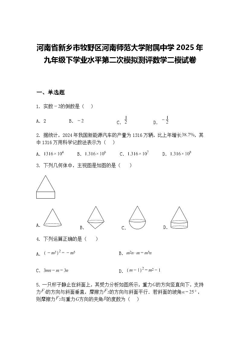 河南省新乡市牧野区河南师范大学附属中学2025年九年级下学业水平第二次模拟测评数学二模试卷（含答案解析）第1页