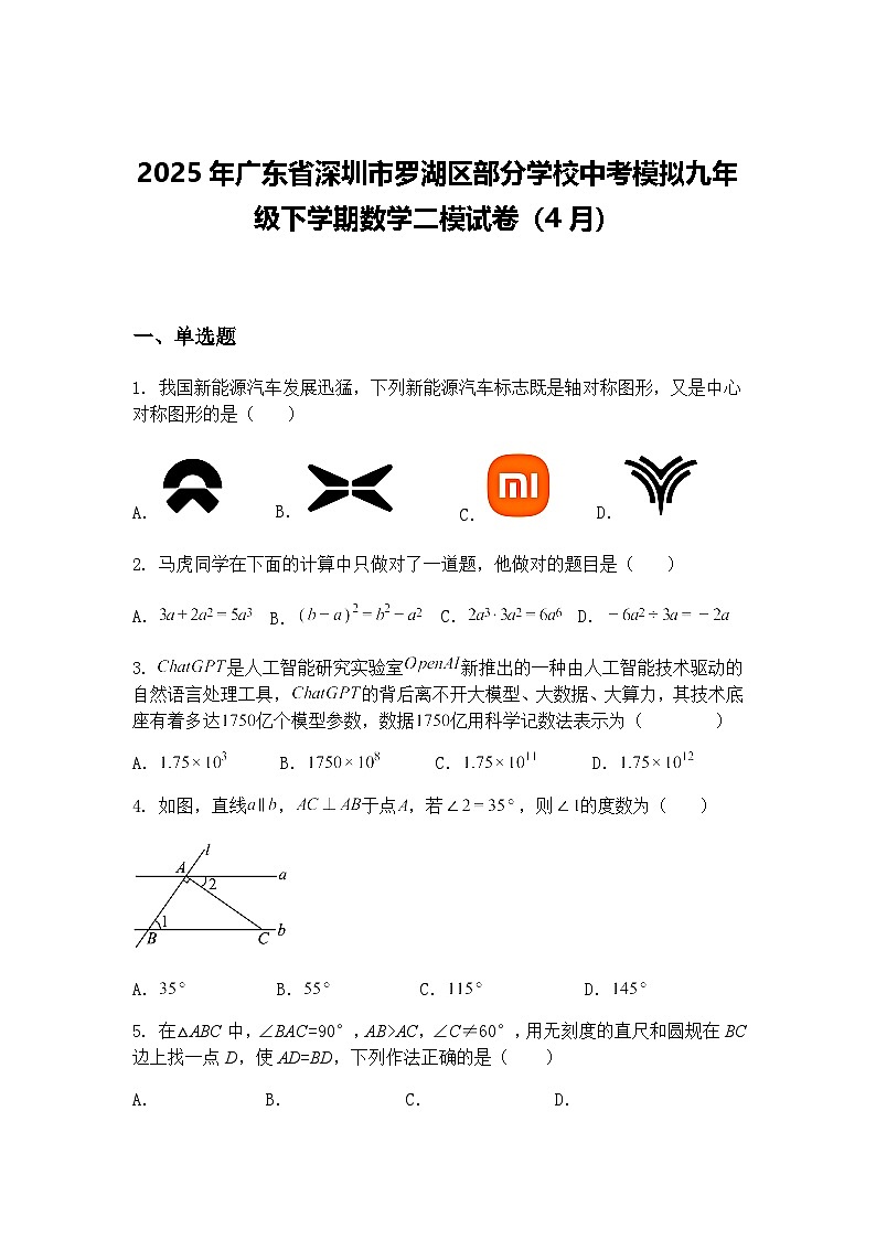 2025年广东省深圳市罗湖区部分学校中考模拟九年级下学期数学二模试卷（4月）（含答案解析）第1页