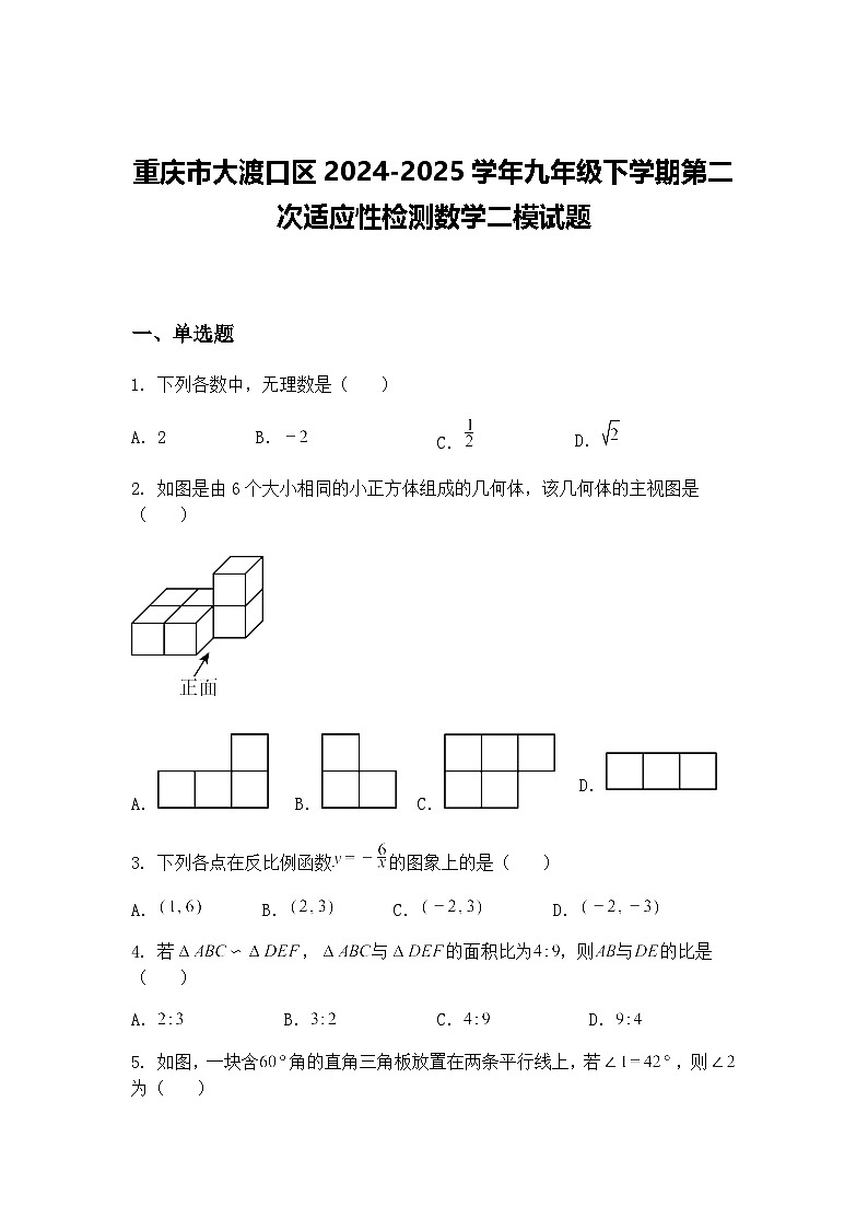 重庆市大渡口区2024-2025学年九年级下学期第二次适应性检测数学二模试题（含答案解析）第1页