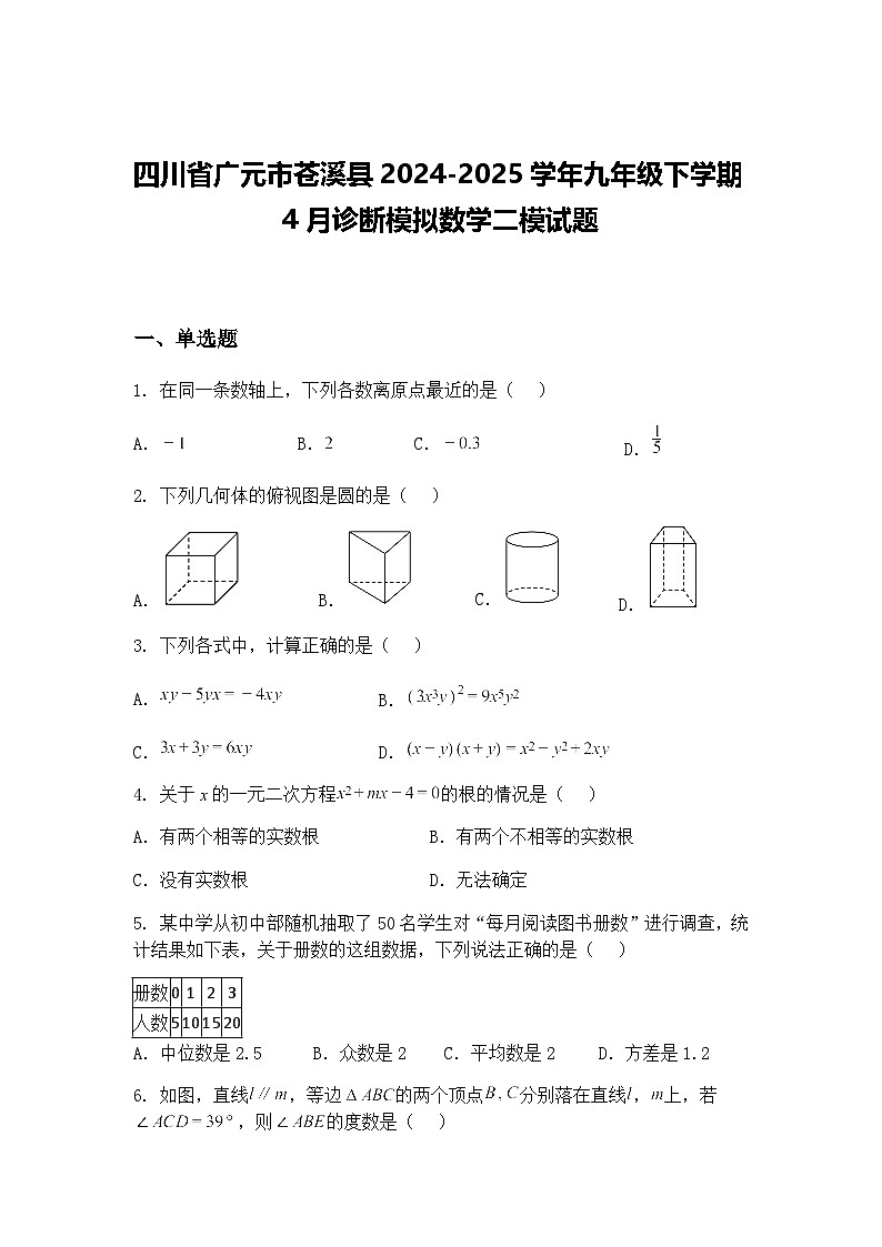 四川省广元市苍溪县2024-2025学年九年级下学期4月诊断模拟数学二模试题（含答案解析）第1页