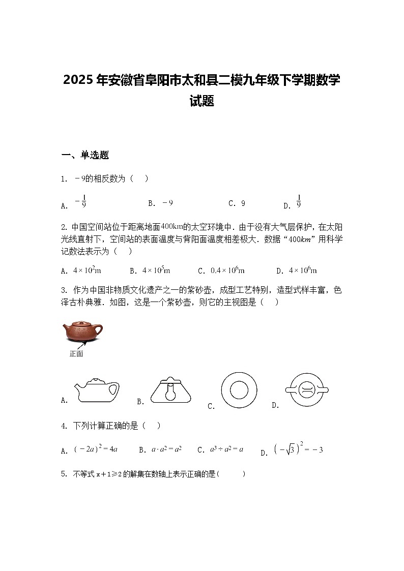 2025年安徽省阜阳市太和县二模九年级下学期数学试题（含答案解析）第1页